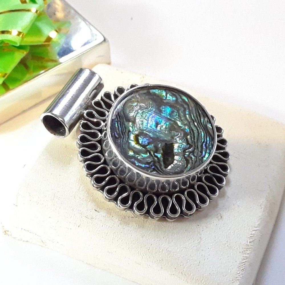 Estate Abalone Bezel center & curly frame Sterling Silver 19.7g Tube Slide#16653
